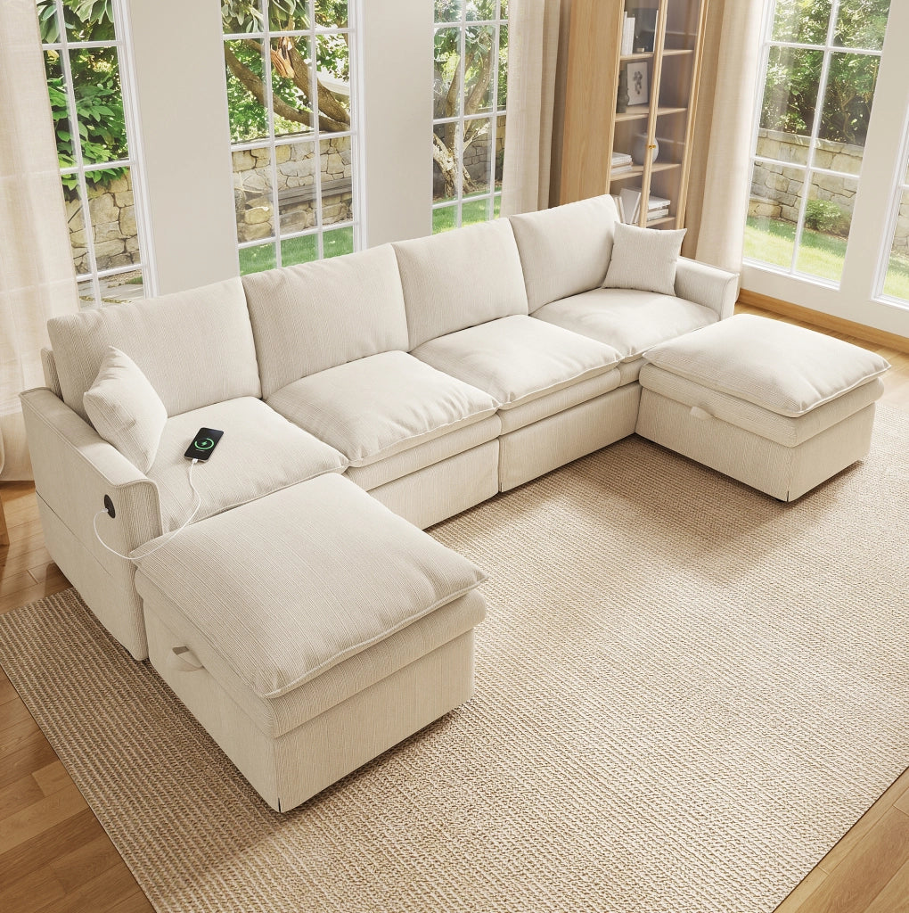 Divano modulare angolare ULEVR 6 posti 277x135x80 cm a U/L con 2 pouf contenitore, USB e Type-C, beige
