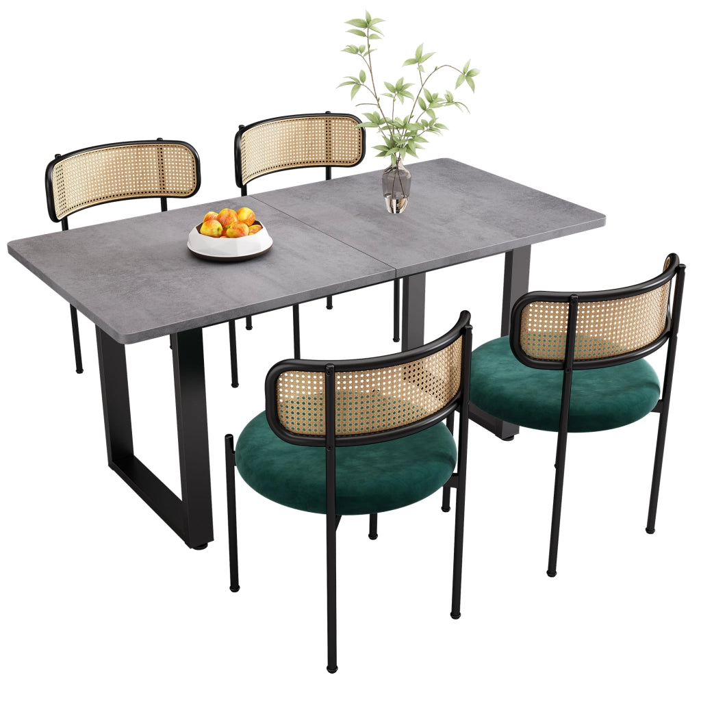 SET TAVOLO E SEDIE da pranzo 5 pezzi velluto e rattan nero e grigio