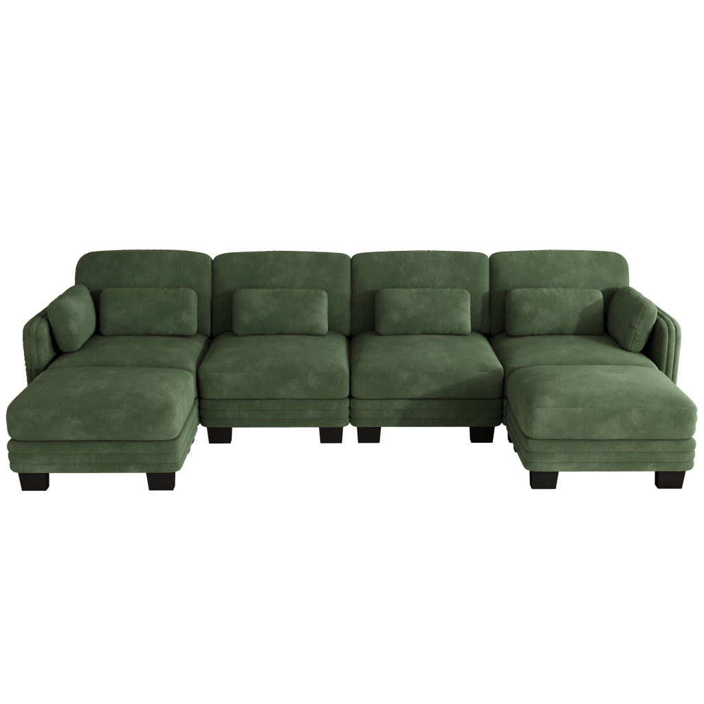 Divano modulare a U con 2 ottomani in ciniglia verde; 330x143x88 cm