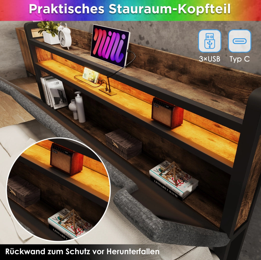 Letto singolo 90x200 con LED, USB-C, cassetto e testiera