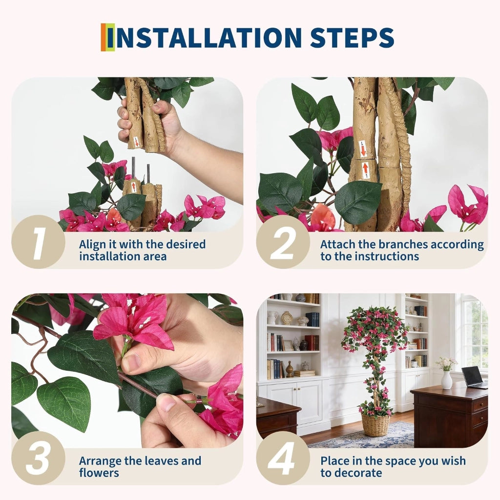 Bougainvillea Artificiale in Seta con Tronco in Legno Resistente UV e Vaso Bianco