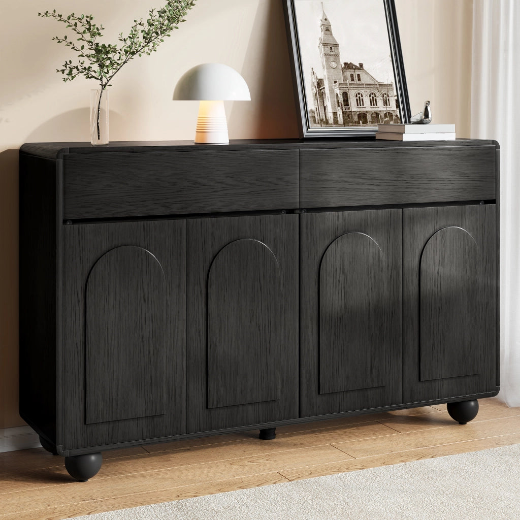 Sideboard moderno per soggiorno con ante curve, mobile contenitore in PB e MDF, piedi rotondi in metallo