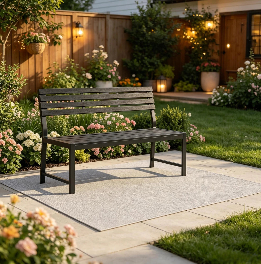 Panca da giardino con schienale in metallo e lamelle PS, 115x55x85 cm, colore nero