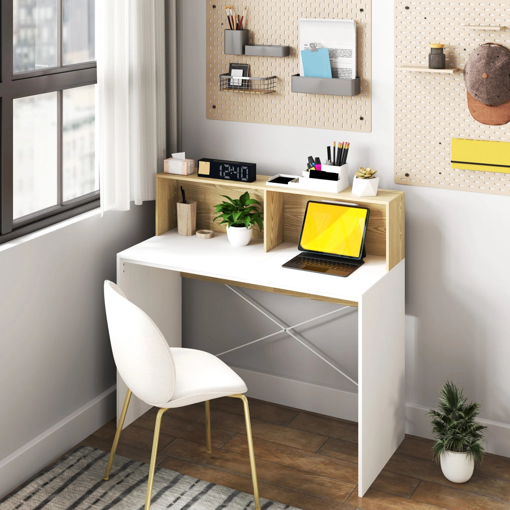 Scrivania con scaffale e ripiani ¨C Minimal ¨C Bianco e legno 110x50x102,6 cm