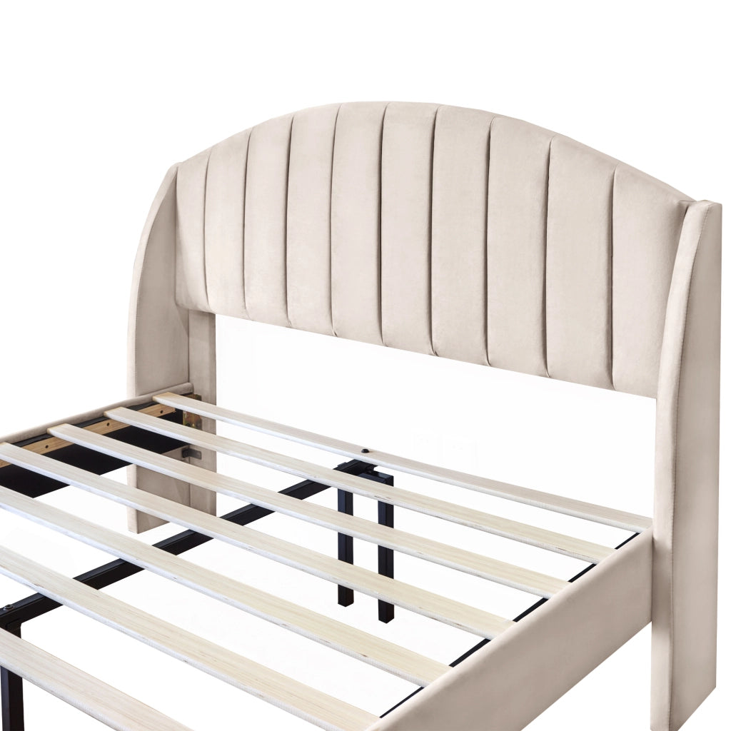 Letto matrimoniale 140 × 190 cm 2 posti con testiera imbottita e struttura stabile, senza materasso, in velluto beige