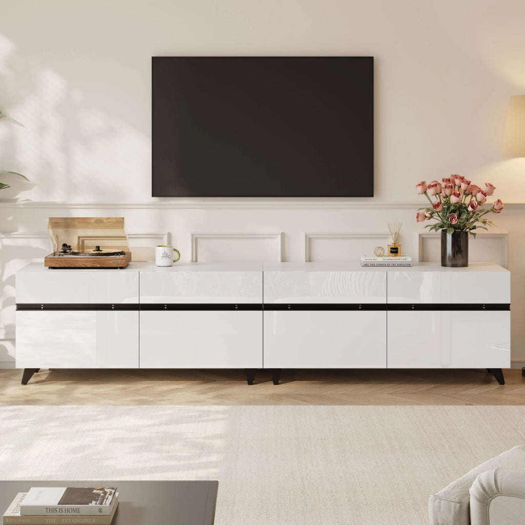 Mobile TV 180x40x49 cm con 4 ante e ripiani regolabili in MDF; bianco con linee nere