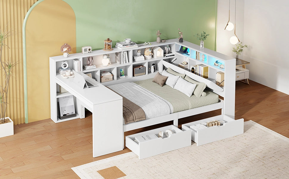 Letto a piattaforma a L bianco in MDF e compensato 140×200 cm con scrivania, libreria aperta, contenitore sopra la testata e LED