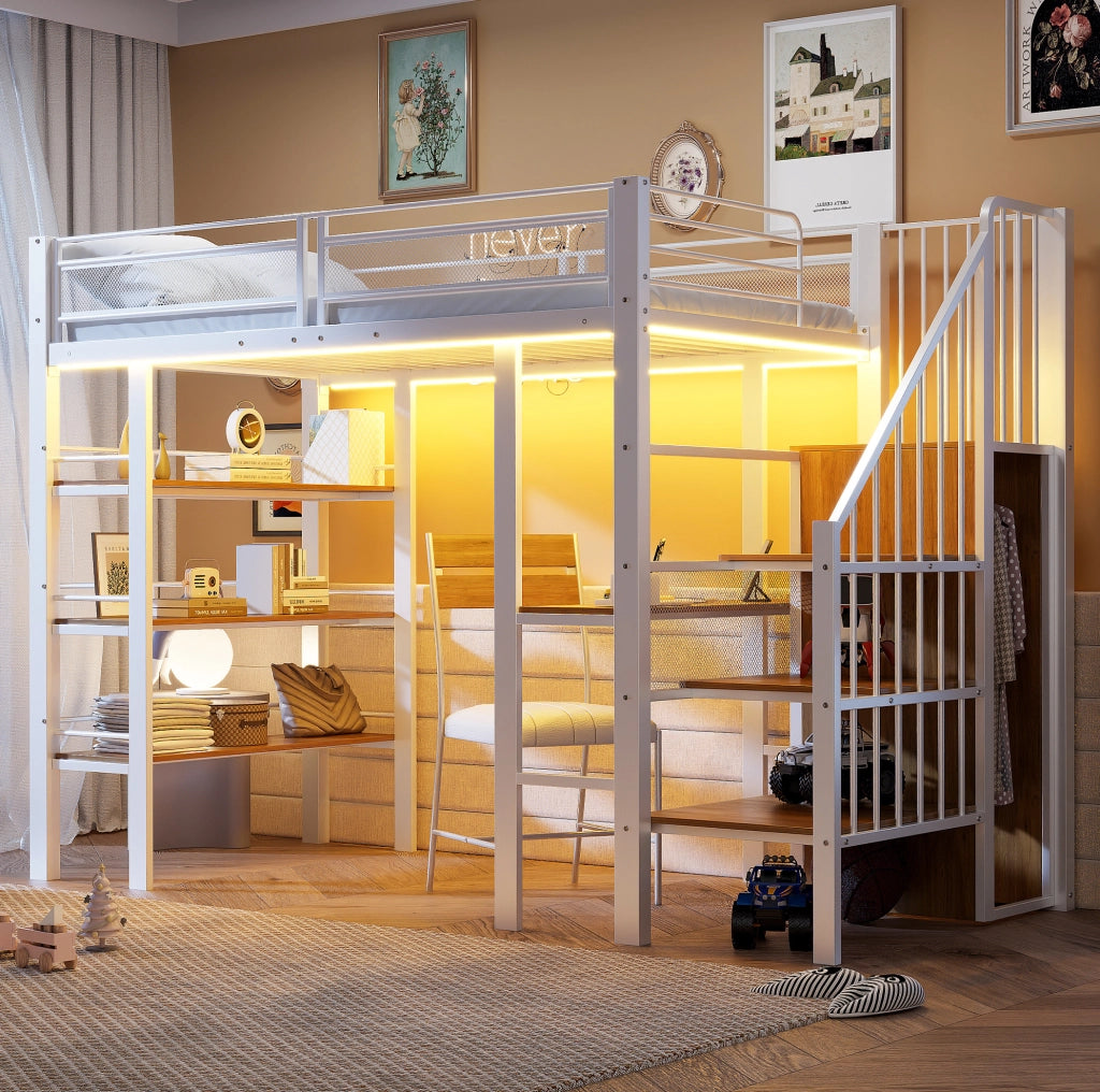 Letto a soppalco 90x200 cm in ferro con luci LED, presa elettrica, mensola e libreria, design multifunzionale, colore bianco