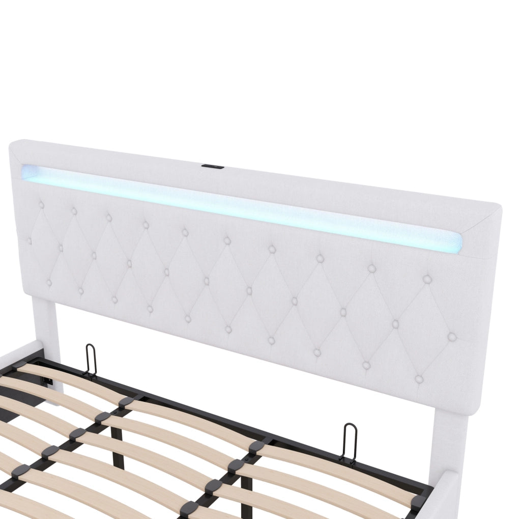 Letto matrimoniale imbottito 180x200 cm con sollevamento idraulico, illuminazione ambientale a LED e porta USB, colore bianco