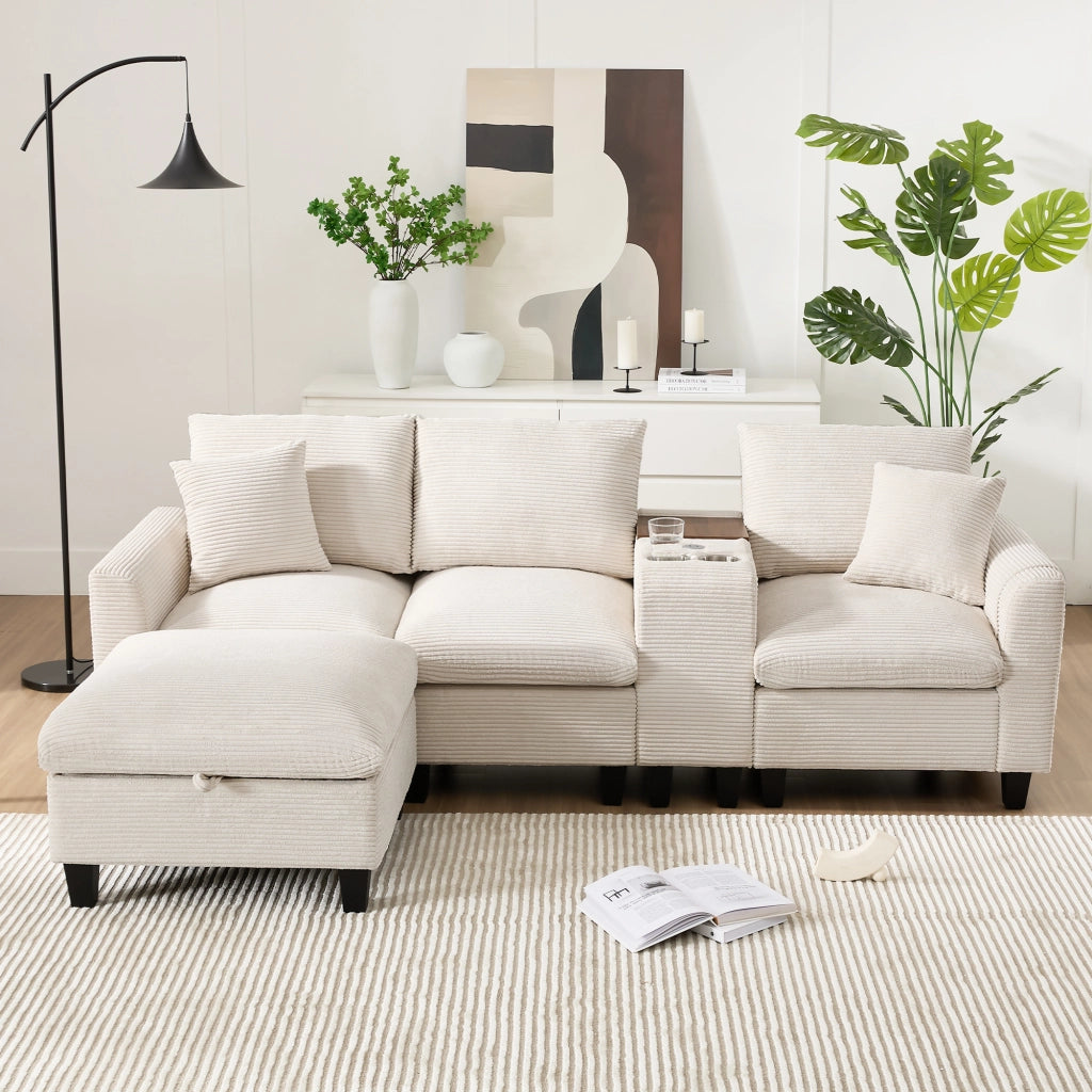 Divano angolare convertibile 4 posti con consolle, portabicchieri, porte USB e tasche laterali in velluto a coste Beige