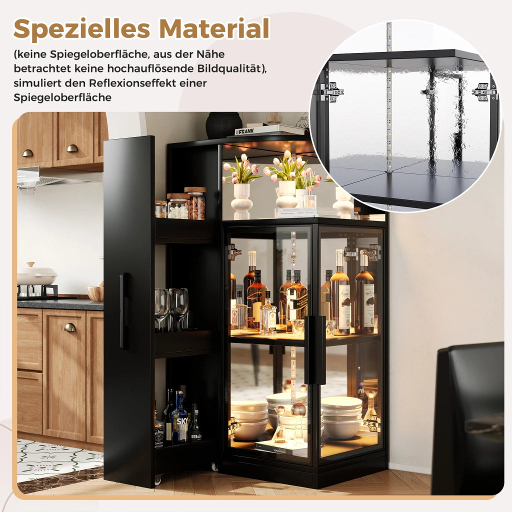 Vetrina con mobile estraibile, vetro di sicurezza e LED multicolore per soggiorno e cucina, nero, 64 × 42 × 112 cm