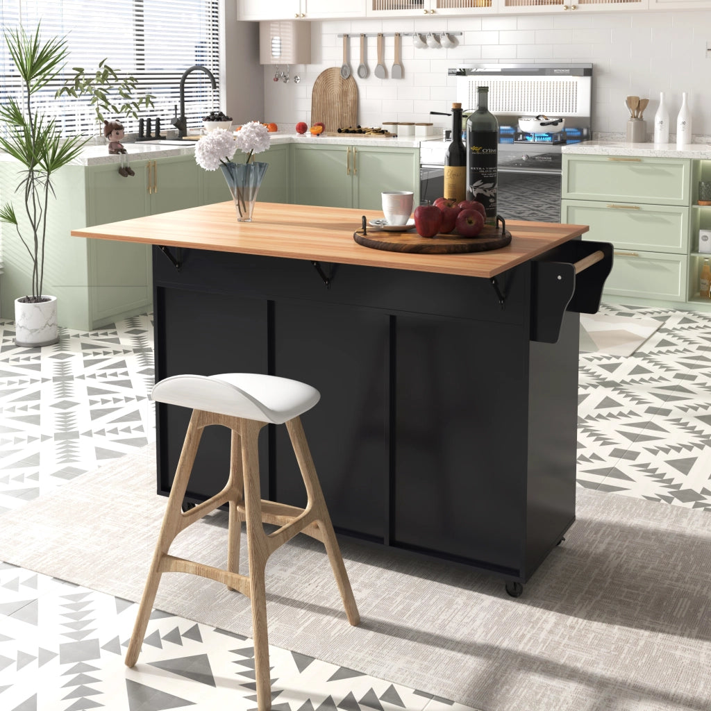 Carrello da cucina con 2 cassetti, ripiani regolabili, portasciugamani e piano pieghevole, nero, 129 × 71 × 91,5 cm