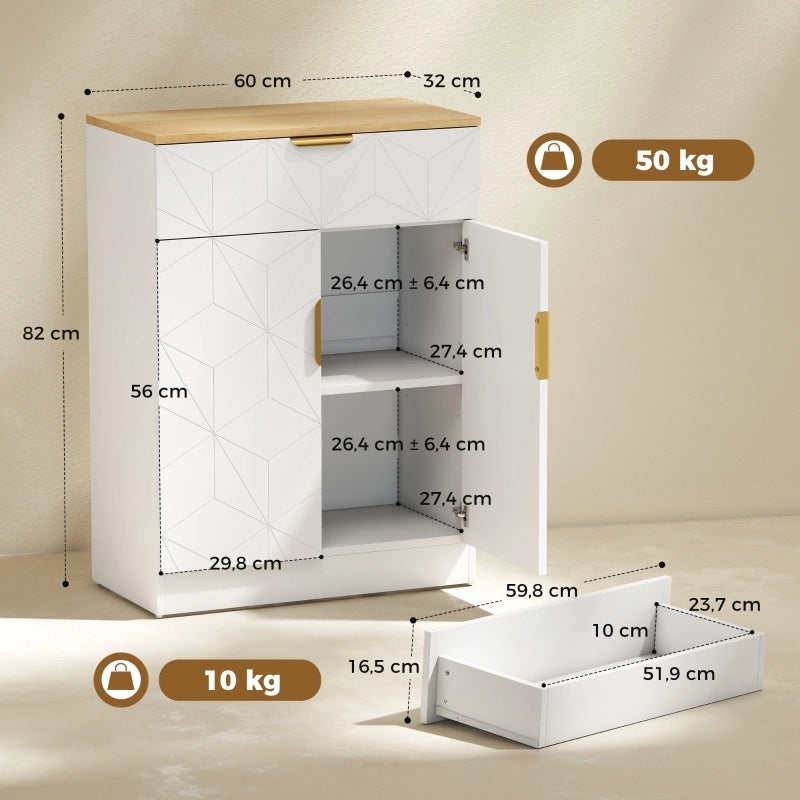 Credenza con cassetto e due ripiani regolabili in legno bianco e naturale per cucina e soggiorno 60 × 32 × 82 cm