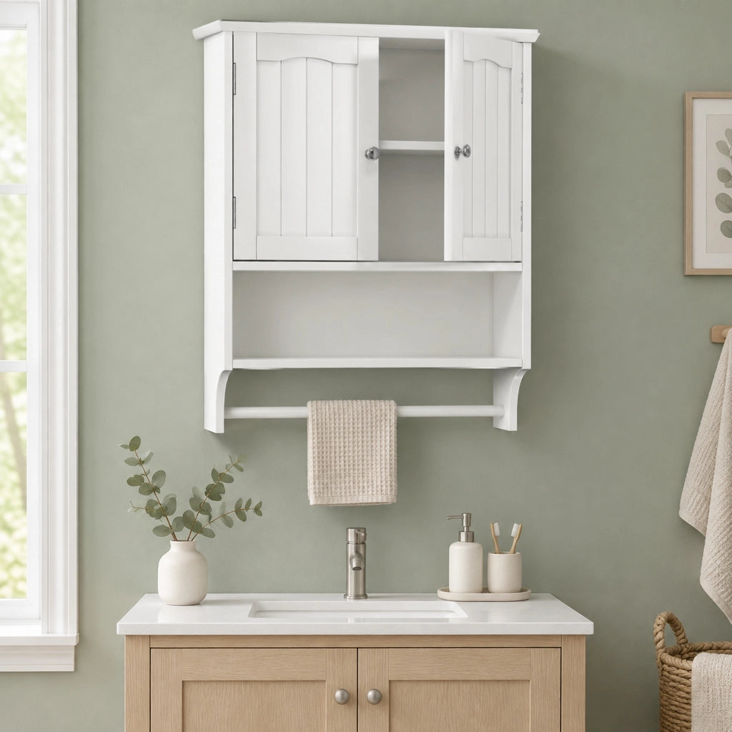 Mobiletto bagno bianco da parete con portasciugamani, 2 ripiani regolabili, 56,8x19x70 cm