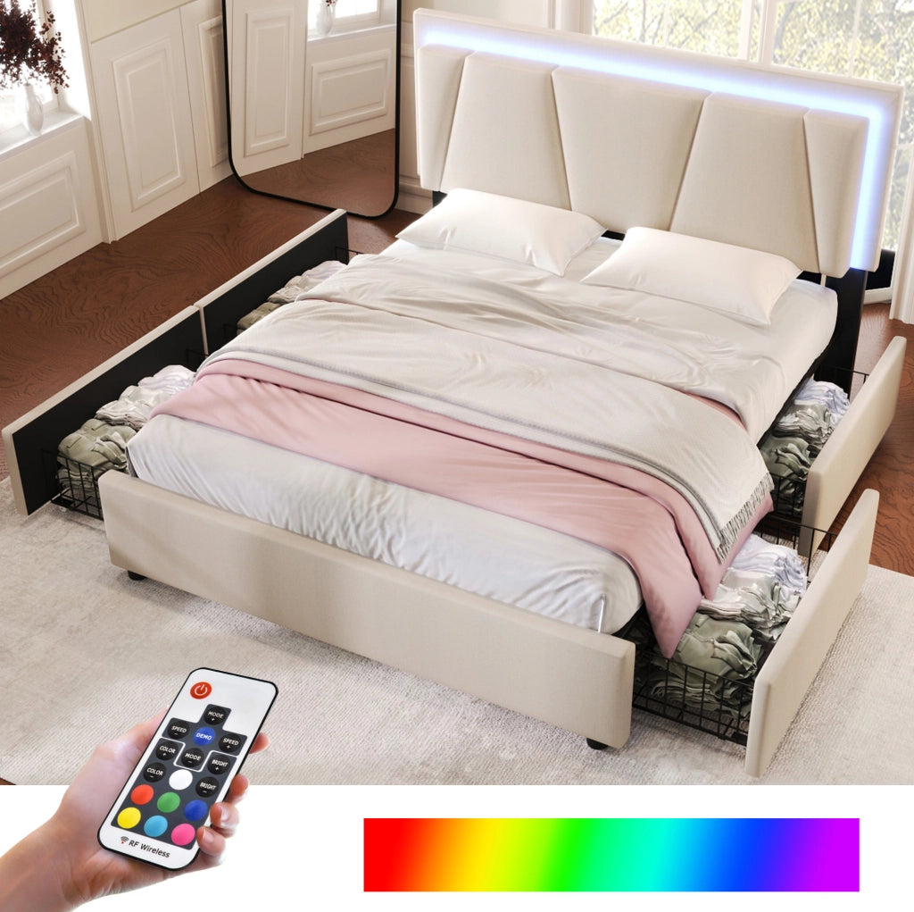 Letto imbottito 140 x 200 cm beige con LED e 4 cassetti