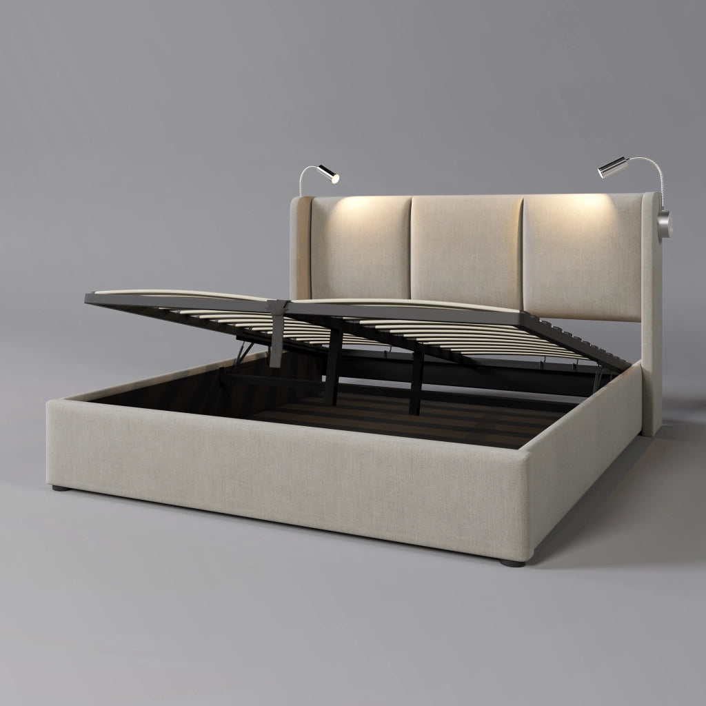 Letto Contenitore Imbottito Matrimoniale con Luce LED e USB ¨C MINIMAL ¨C Tessuto Lino 160x200