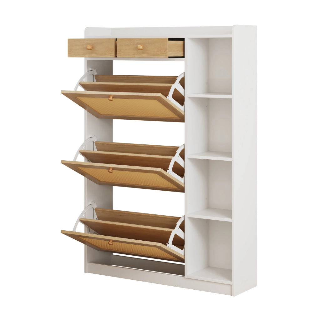 SCARPIERA 3 Ribalte in Rattan 90x24x130 cm Bianco Naturale con 2 Cassetti