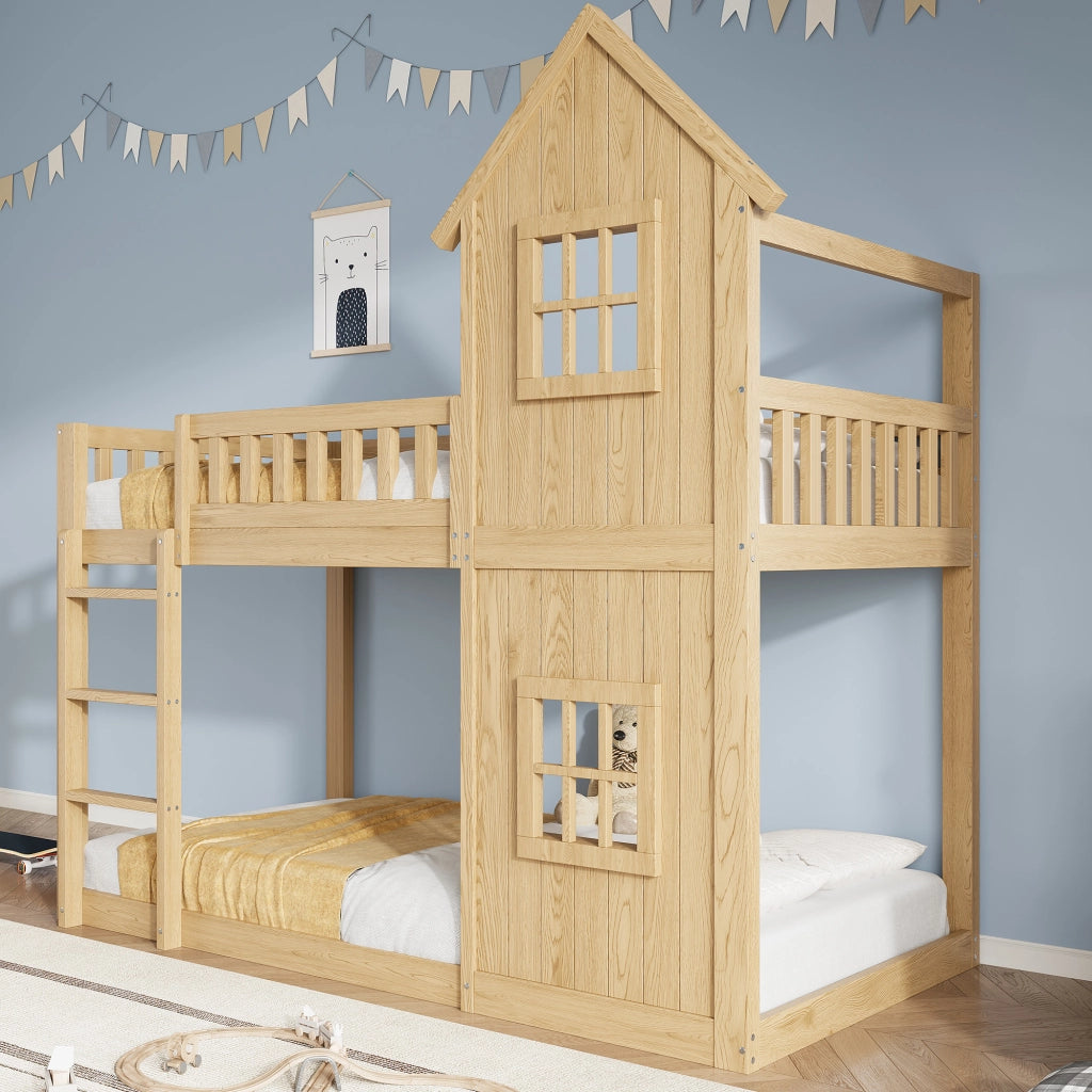 Letto a castello a casetta in pino e MDF; colore naturale; con due finestre e scala; 90x200 cm