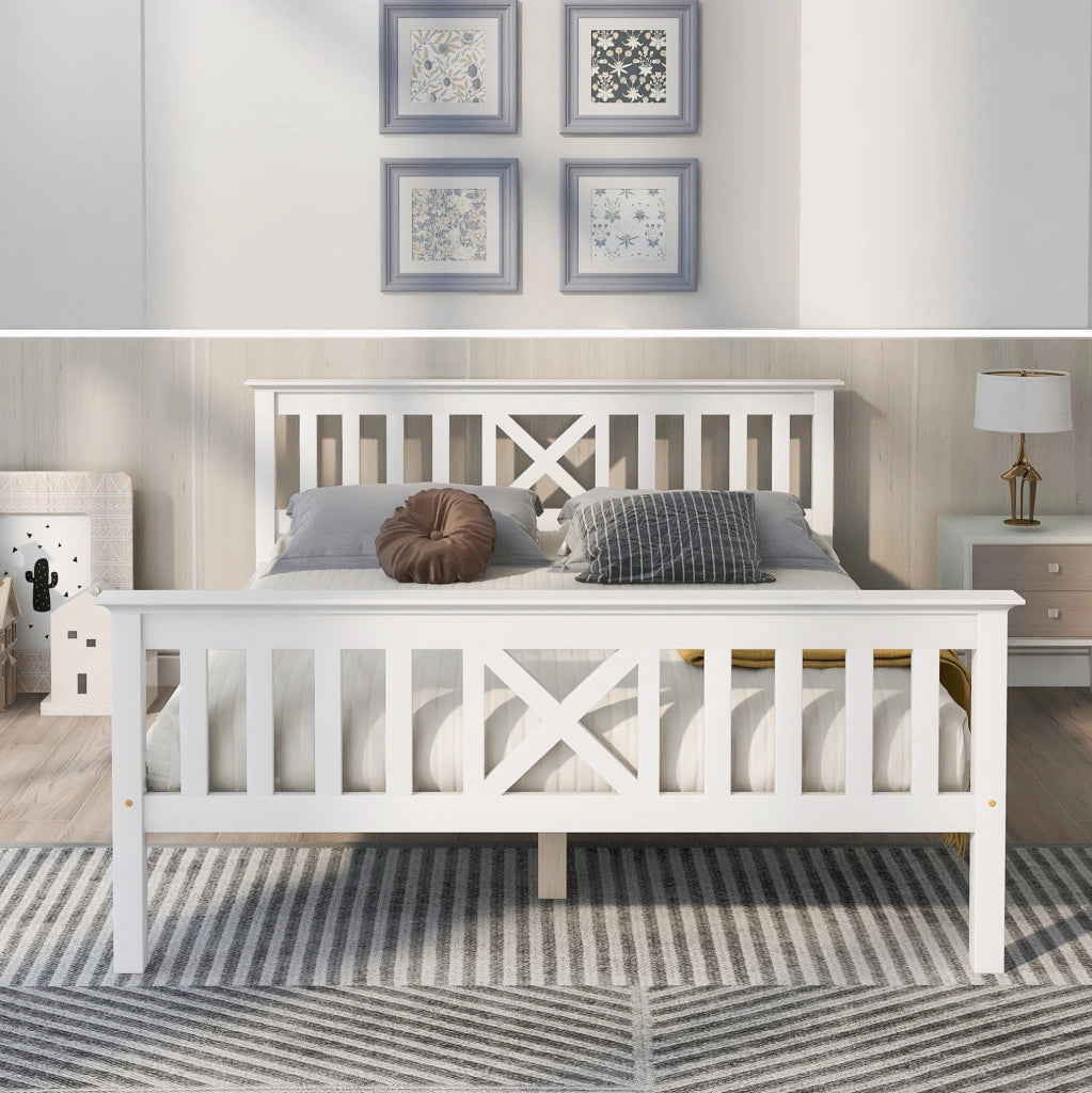 Letto matrimoniale in legno massiccio di pino bianco 140x200 cm con rete a doghe e testiera a X