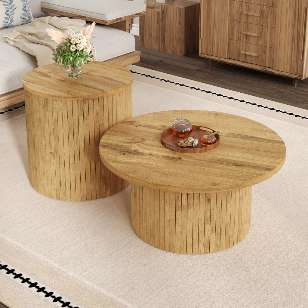 OKWISH Tavolini da Salotto Impilabili Rotondi con Doppia Struttura Separabile, Stile Minimalista, MDF, Naturale