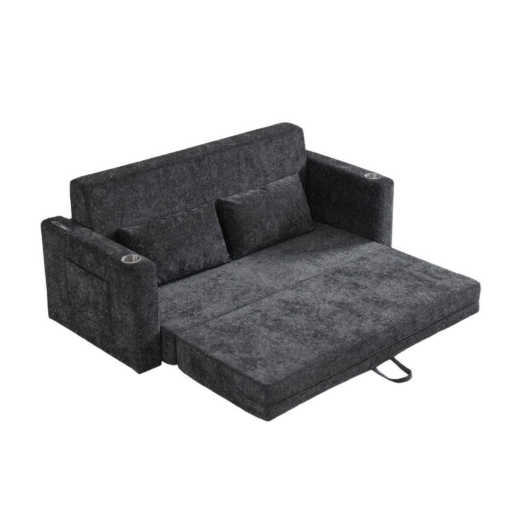 Divano letto 2 posti pieghevole con USB; portabicchieri e tasche laterali; nero/grigio