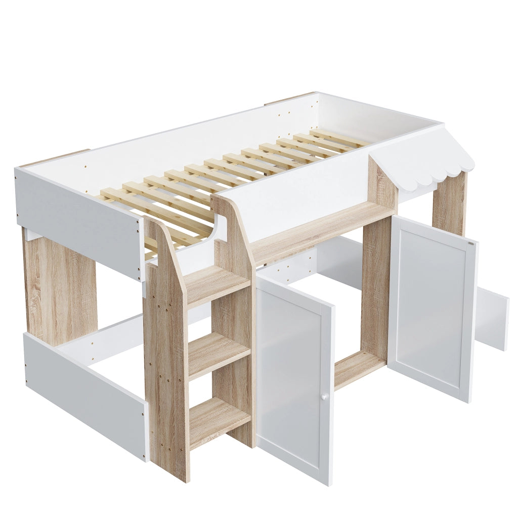 Letto a casetta 90x200 cm bianco e naturale in legno - con spazio contenitore