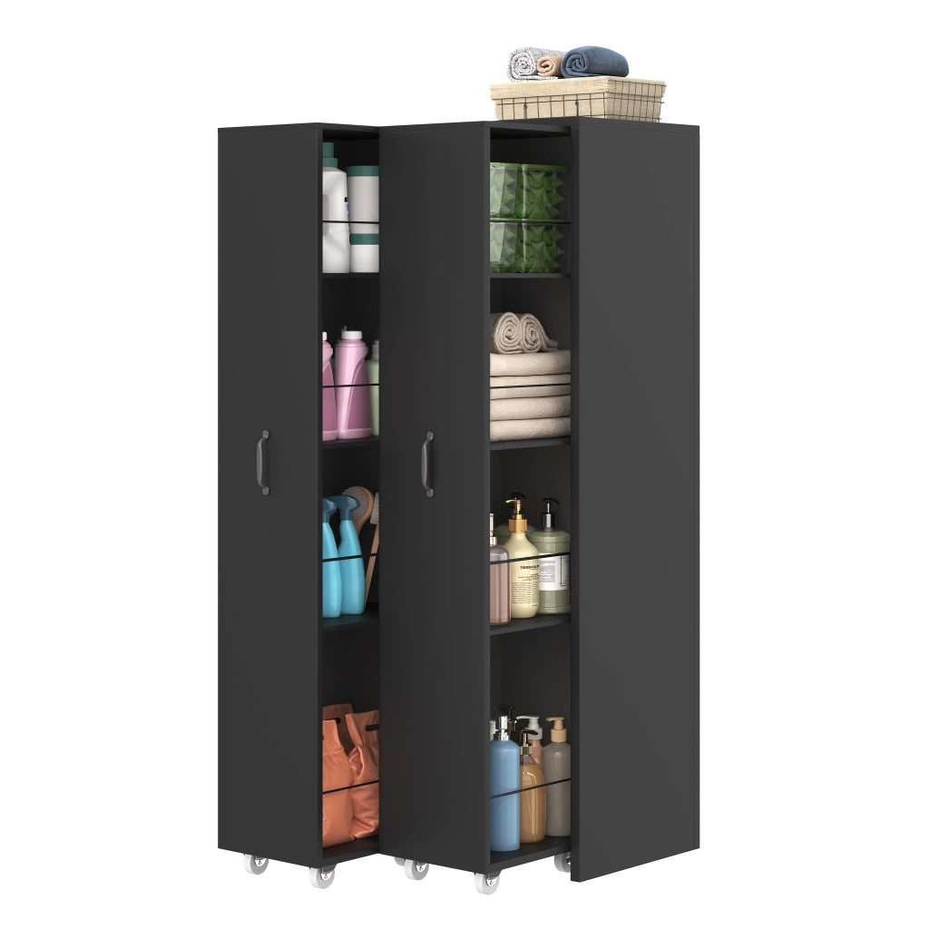 Libreria estensibile su ruote con due moduli indipendenti; ripiani e barre metalliche in MDF nero 51.5 × 41 × 158 cm