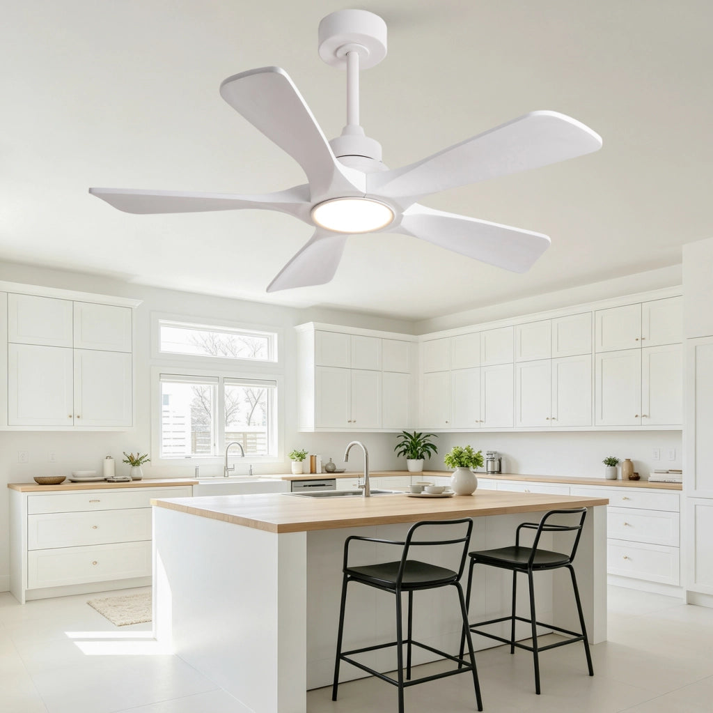 Ventilatore a soffitto 42" bianco con pale in legno massello, telecomando wireless, LED dimmerabile 3CCT, 6 velocità con memoria spegnimento