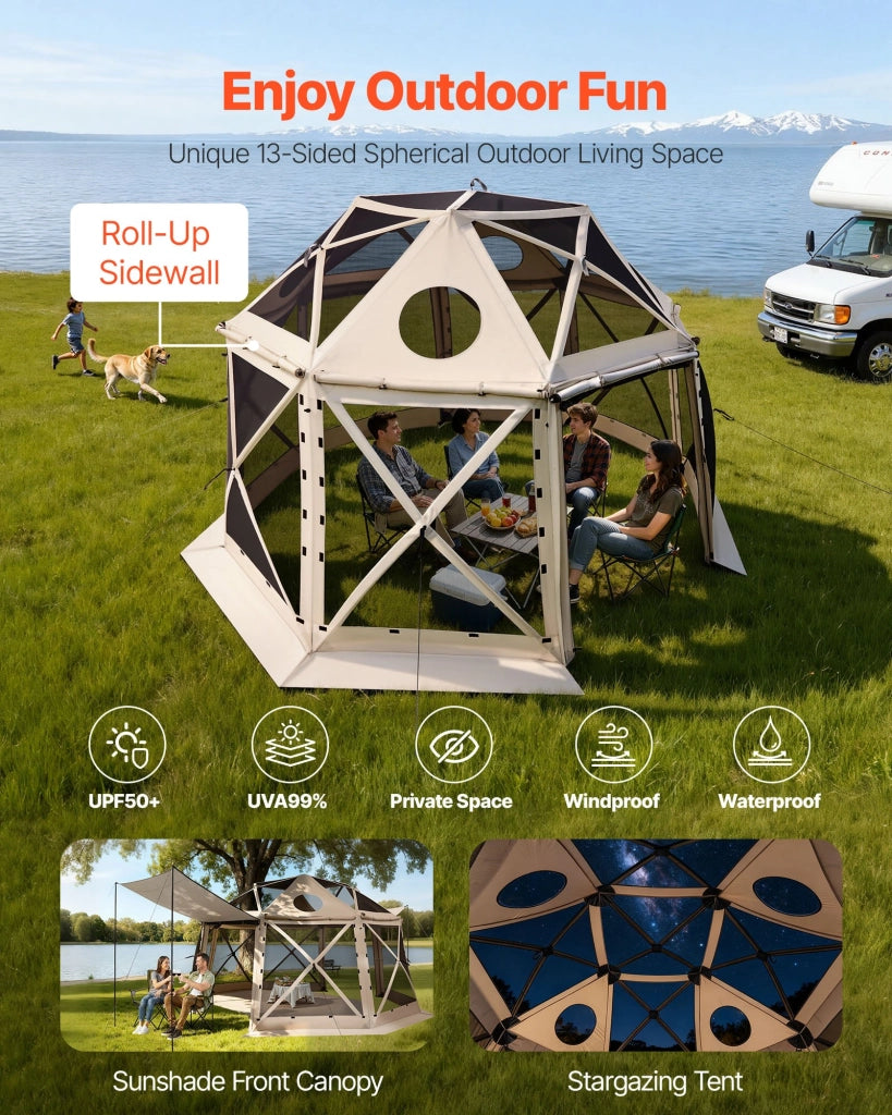 Gazebo da Giardino Pieghevole 3,6 x 3,6 m Pop-Up a 13 Lati Beige Resistente UV50+ Impermeabile 1500 mm con Rete e Borsa YR12x12Beige-13