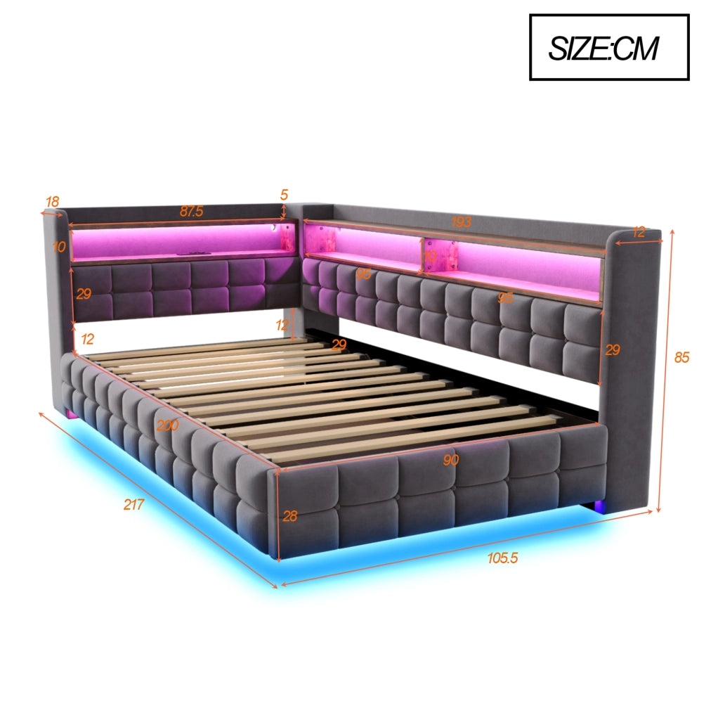 Letto divano imbottito 90x200 cm grigio con contenitore, LED e prese USB-C
