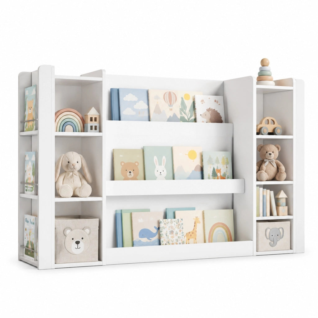 Libreria per bambini con ripiani aperti e angoli arrotondati in MDF bianco