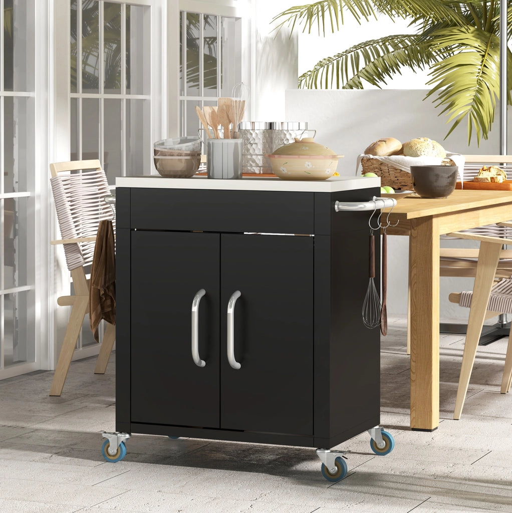 Carrello da cucina nero con ruote, armadietto, 6 ganci e piano in acciaio inox 86x50x86,5 cm