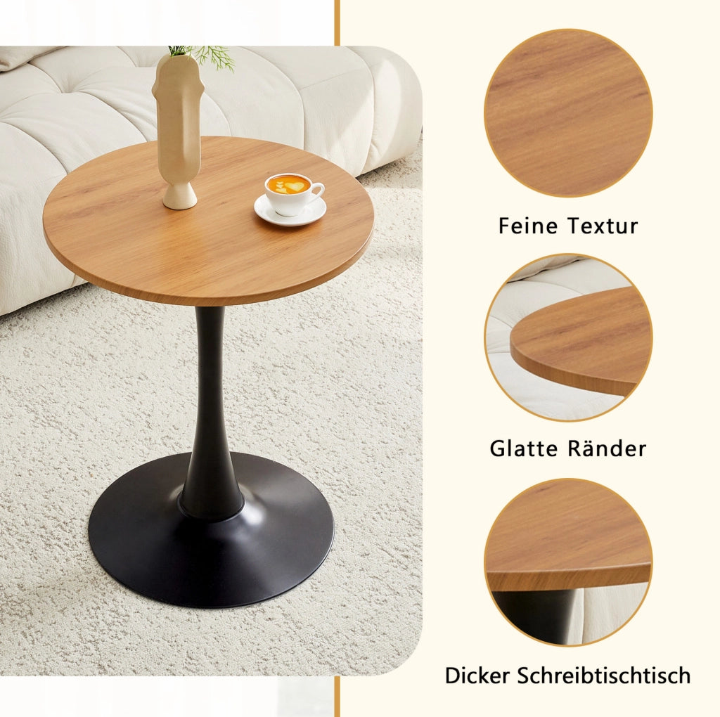 Tavolino tondo MDF 60 cm con piano termoformato effetto legno e base nera
