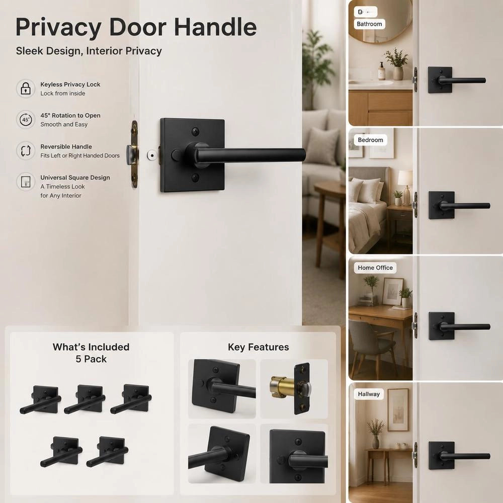 Privacy Door Handle, Matte Black Door Lever, 5 Pieces, Left- Or Right-handed, Reversible Lever With Lock, 45° Rotation For Opening, Square Door Fitting For Bedroom And Bathroom