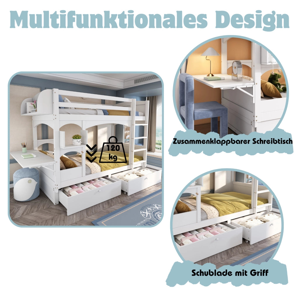 Letto a castello due posti letto 90 × 200 cm con scrivania pieghevole; ripiani; 2 cassetti e scala in legno bianco