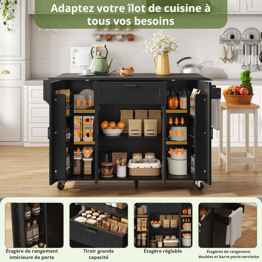 Carrello da cucina con piano pieghevole; 4 ante; ripiani regolabili e ruote in MDF nero