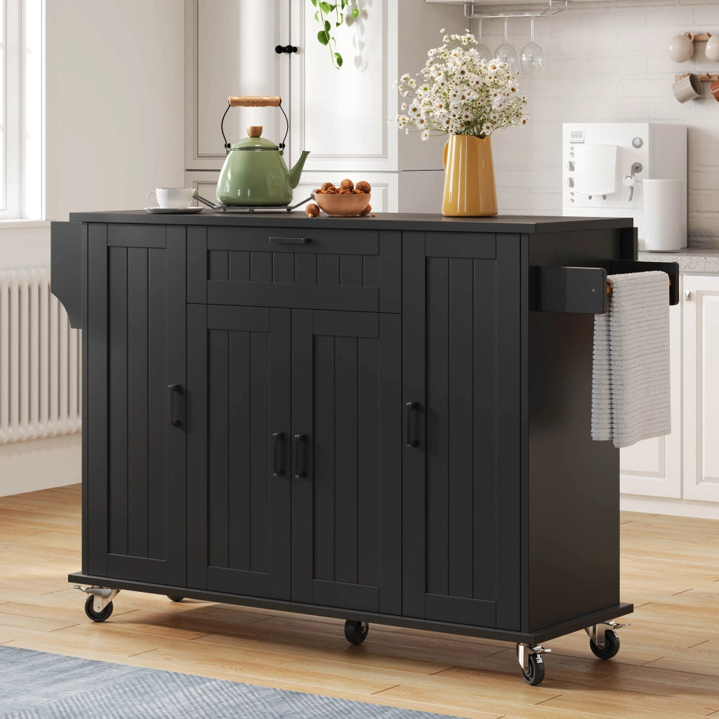 Carrello da cucina con piano pieghevole; 4 ante; ripiani regolabili e ruote in MDF nero