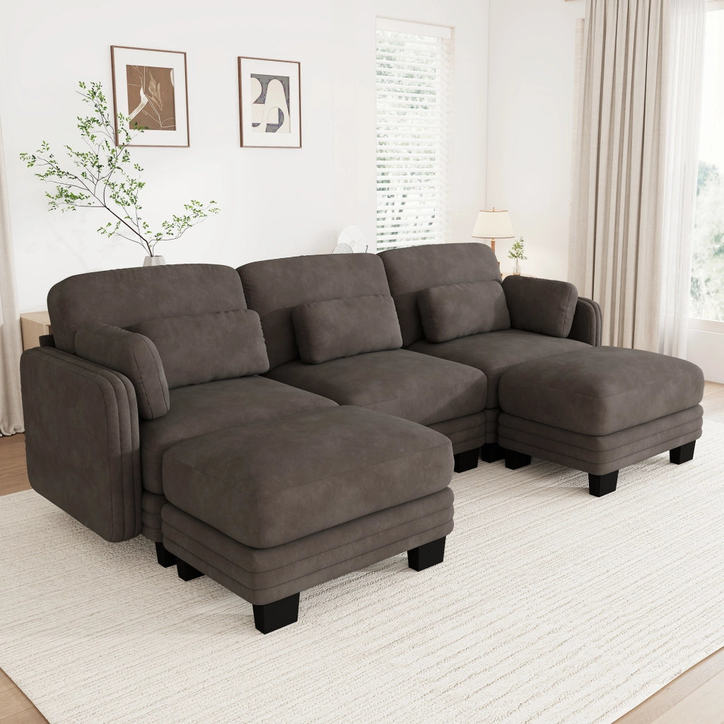 Divano modulare in ciniglia marrone 253x143x88 cm con pouf separato