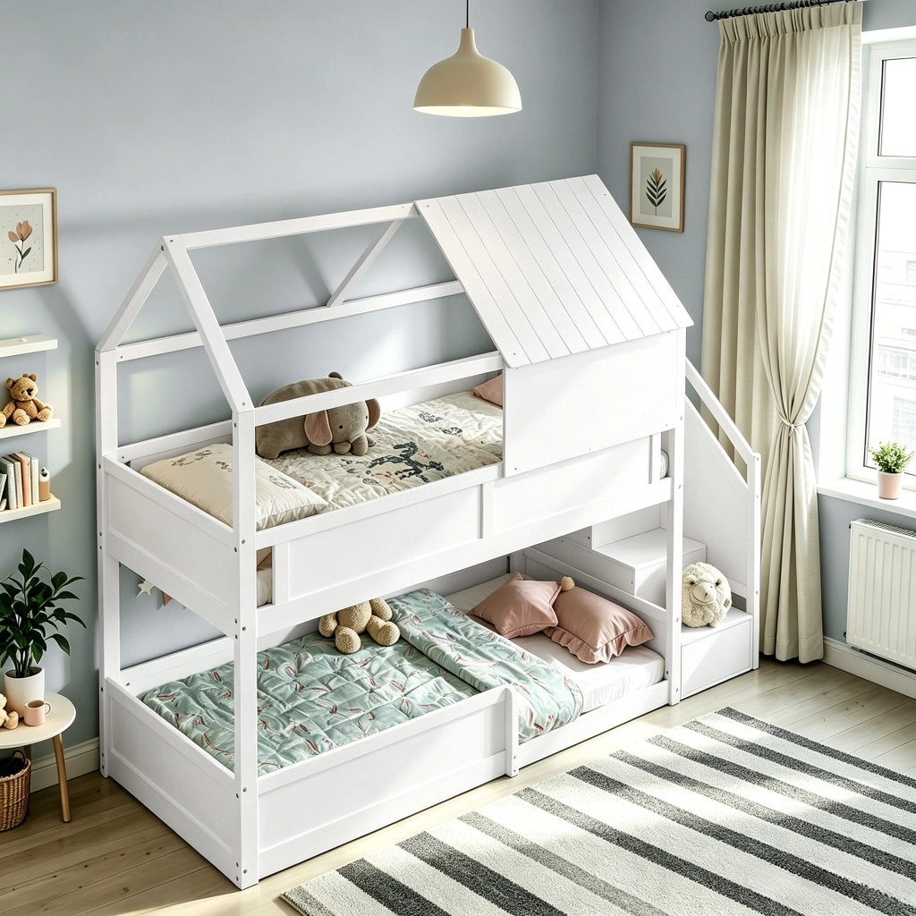 Letto a castello per bambini in legno bianco con scala laterale e struttura a tetto