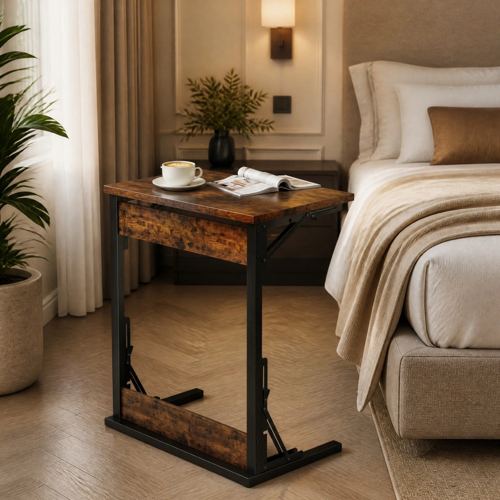 Tavolino C pieghevole ULEVR 60x37x71 cm, piano effetto legno marrone rustico e piedi regolabili