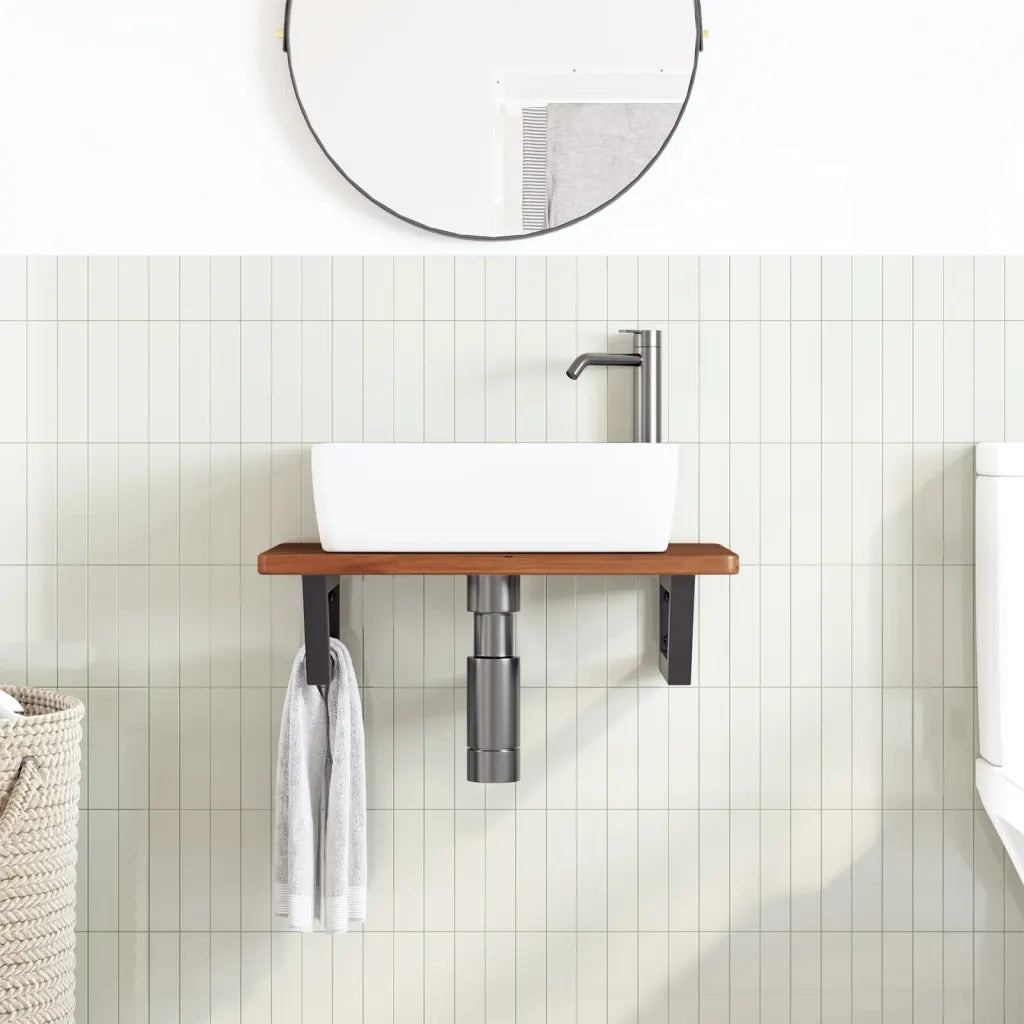 Ripiano a Parete per Lavabo-Mensole a Muro in Acciaio e Massello di Rovere 489457