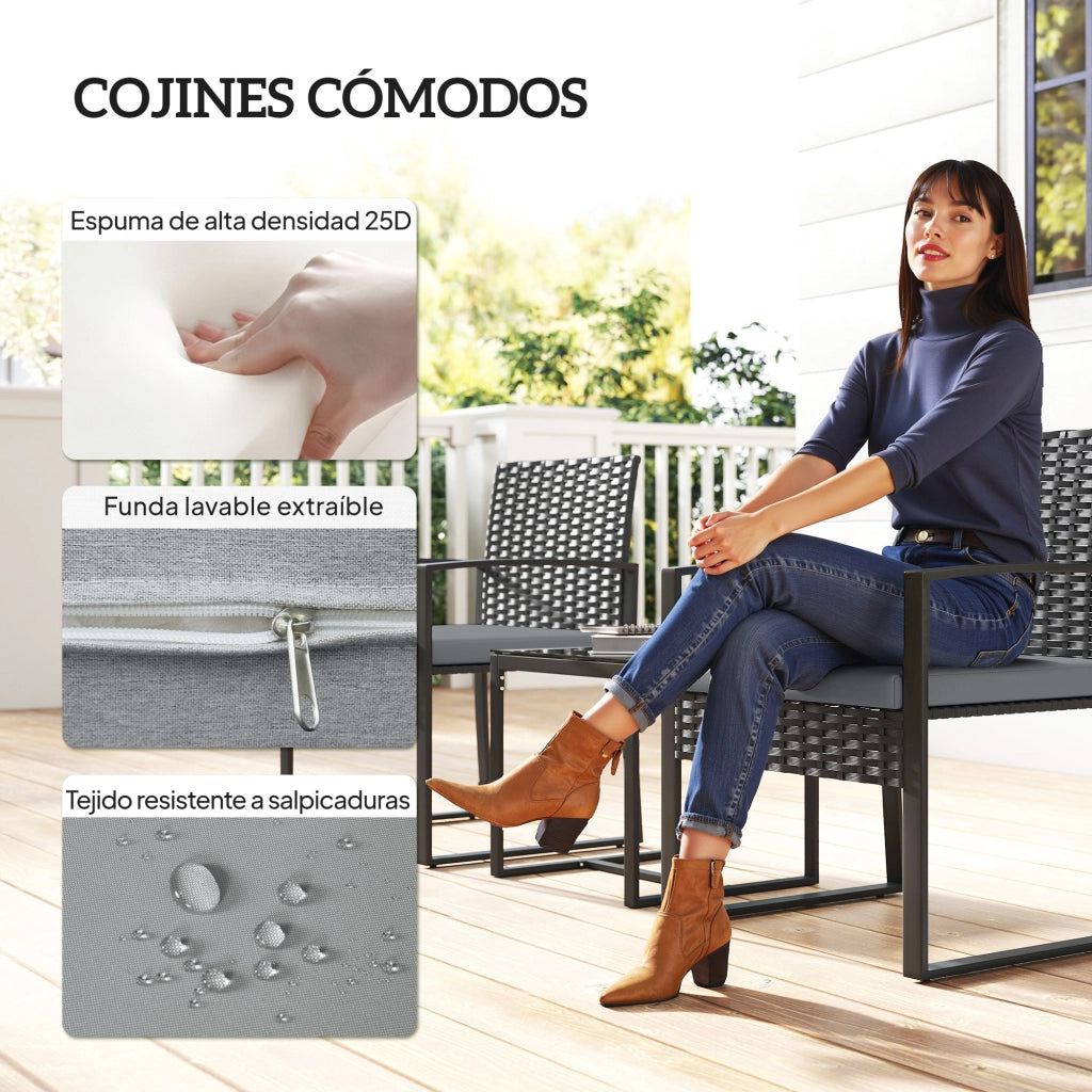 Set Salotto Giardino Polyrattan ¨C Xylo ¨C 2 Sedie con Cuscini + Tavolino Piano Vetro Grigio