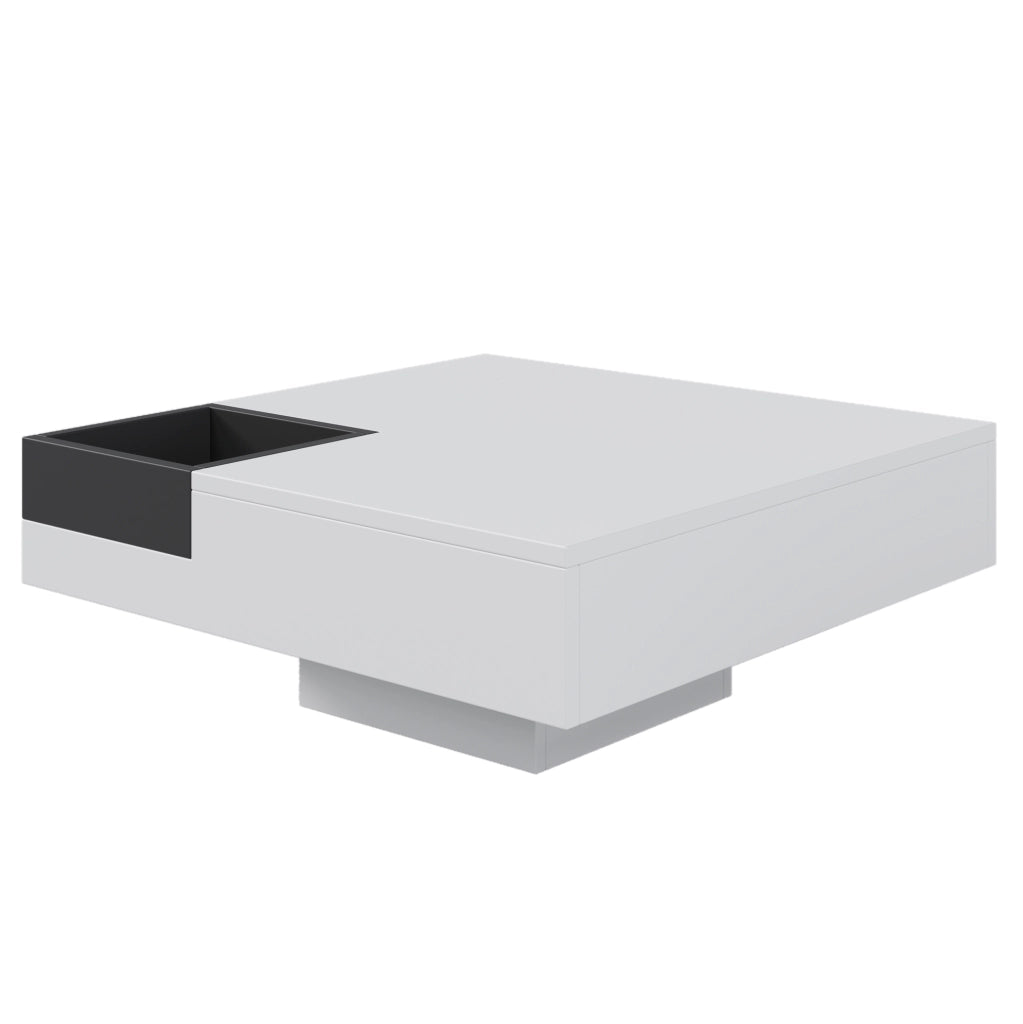 Tavolino da caffè 72x72x30 cm in truciolare lucido bianco e nero con box portaoggetti e LED
