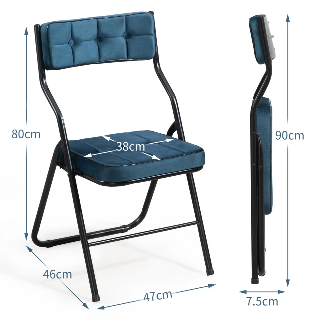 Set di 2 sedie pieghevoli imbottite in velluto blu con struttura in acciaio