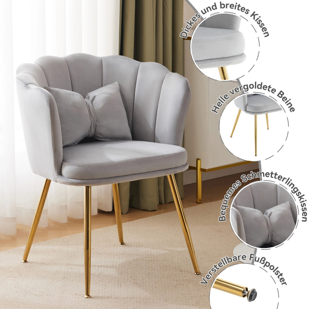 Set di 4 sedie in velluto grigio con schienale a petalo e gambe in metallo dorato; 63x58x77 cm