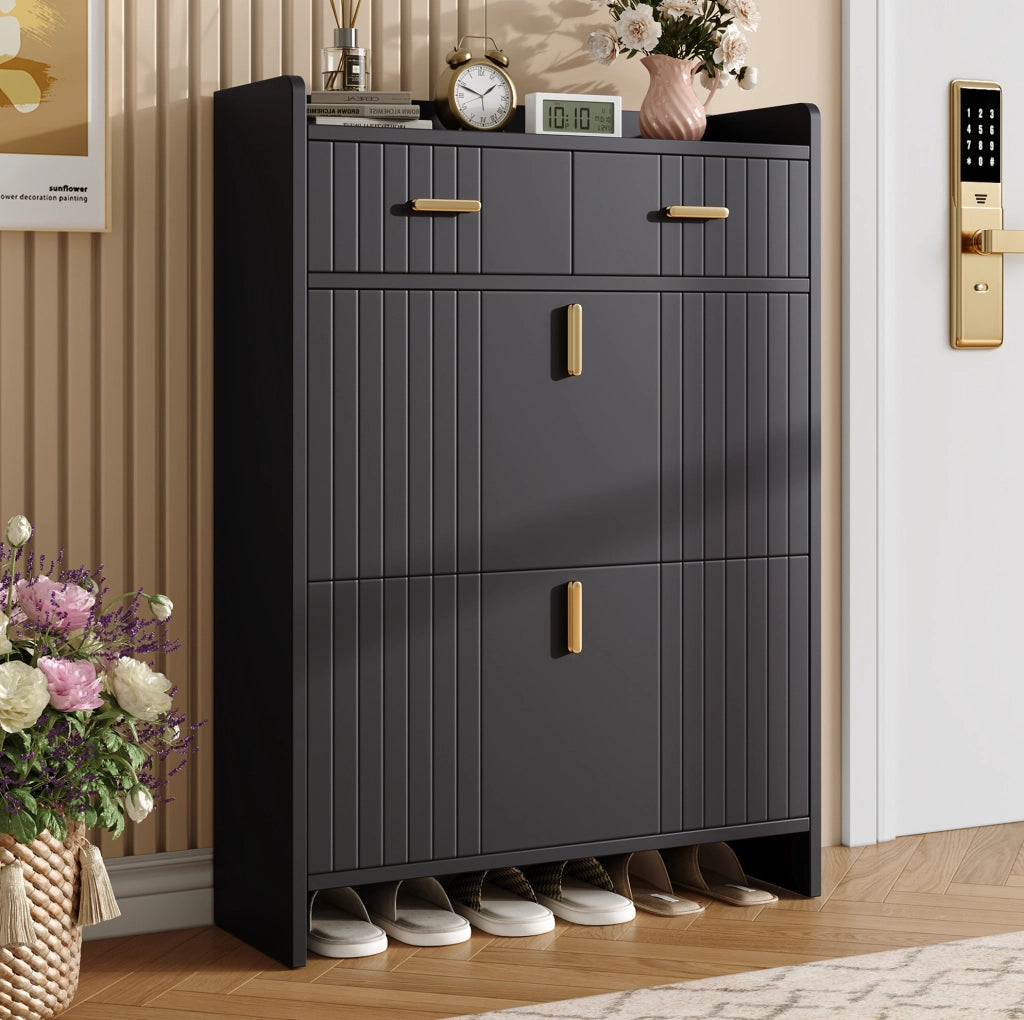 Scarpiera a ribalta con 2 scomparti e 1 cassetto; 75 ¡Á 24 ¡Á 108.5 cm; nero