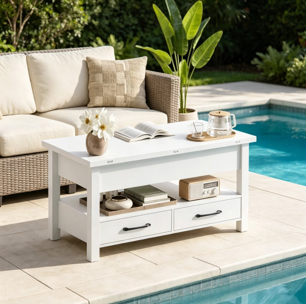 Tavolino da caff¨¨ ULEVR 100x50,5 cm estensibile con piano sollevabile, 2 cassetti e vano aperto, bianco