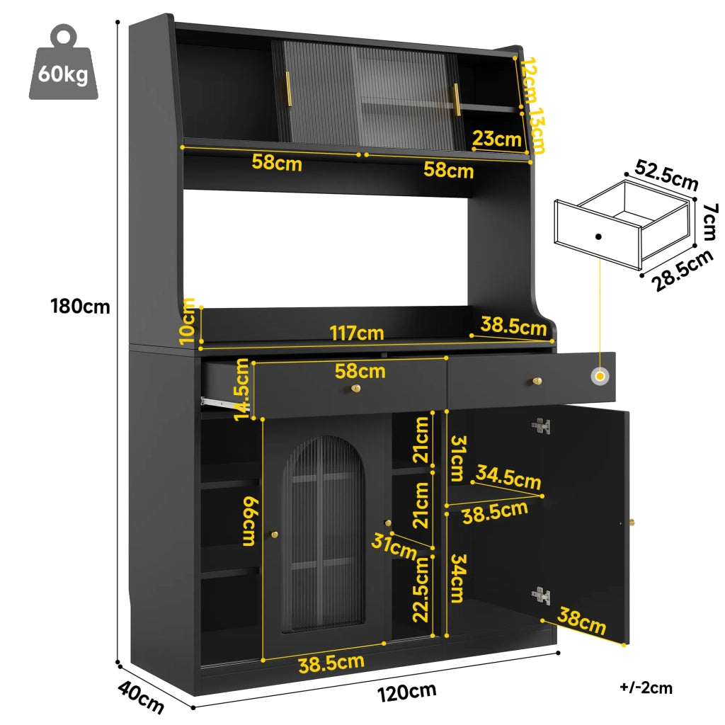 Credenza alta da cucina e sala da pranzo nera con ante a vetrina, 2 cassetti, ripiani regolabili e illuminazione LED a colori variabili