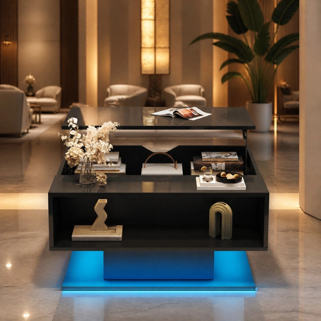 Tavolino da salotto alzabile 80x75x40 cm con LED e vano contenitore; truciolare nero lucido