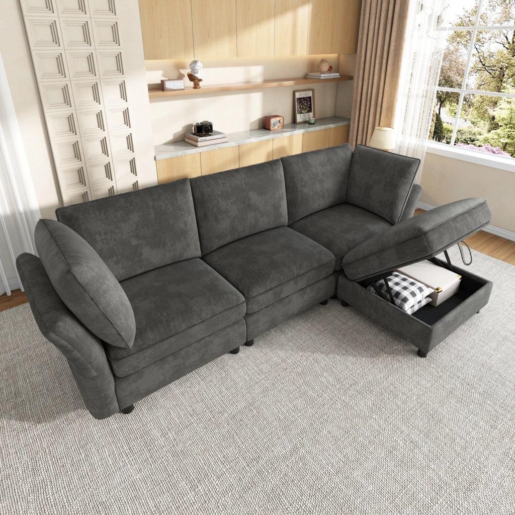 Divano angolare modulare da 4 a 5 posti in ciniglia grigio con pouf contenitore e 2 cuscini 225 × 137 × 84 cm